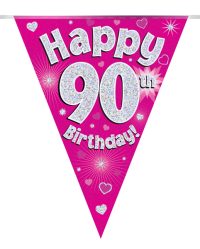 Party Bunting Happy 90th Birthday Pink Holographic 11 flags 3.9m